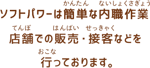 ソフトパワーは簡単な内職作業やリサイクル活動、店舗での販売・接客・清掃などを行っております。