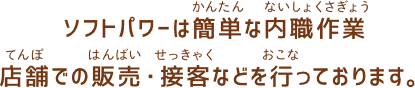 ソフトパワーは簡単な内職作業やリサイクル活動、店舗での販売・接客・清掃などを行っております。